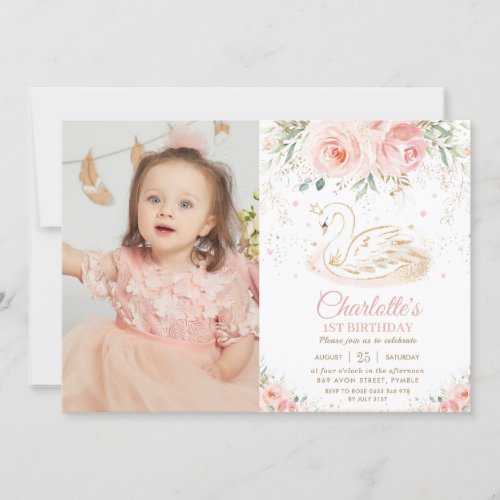 Swan Princess Blush Pink Floral 1st Birthday Photo Invitation