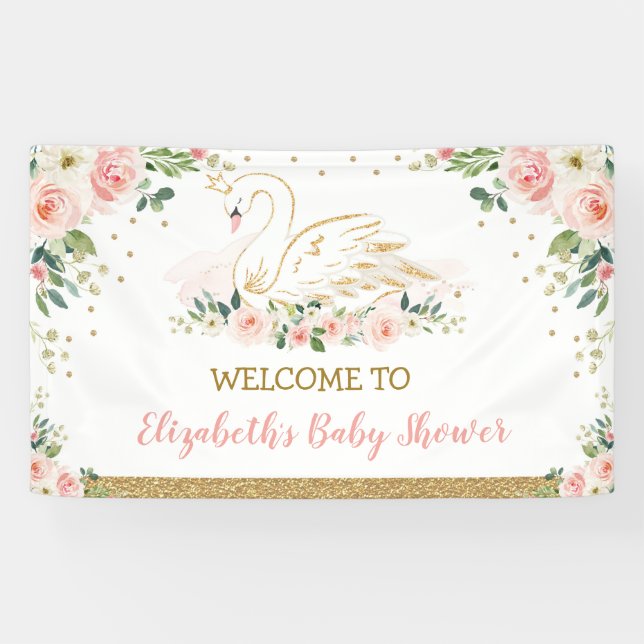 Swan Princess Blush Pink Floral Baby Girl Backdrop Banner (Horizontal)