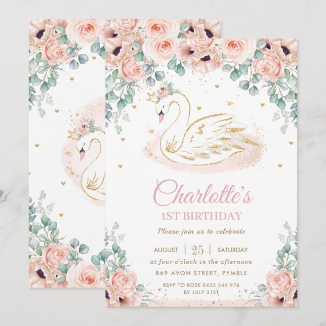 Swan Princess Blush Pink Floral Gold 1st Birthday Invitation (Front/Back)