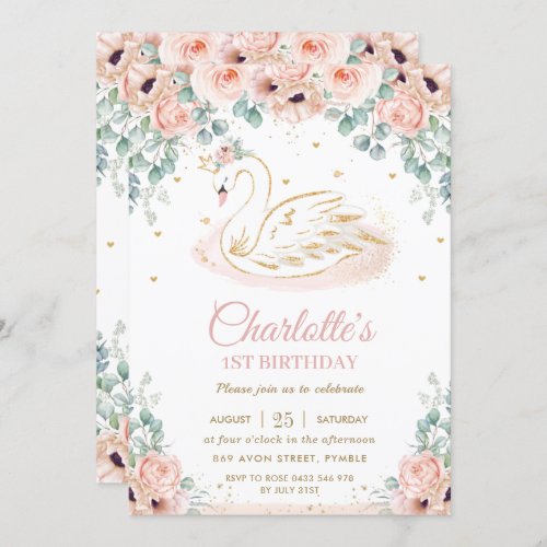 Swan Princess Blush Pink Floral Gold 1st Birthday Invitation