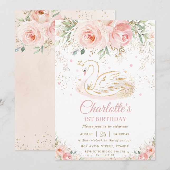 Swan Princess Blush Pink Floral Gold Girl Birthday Invitation (Front/Back)