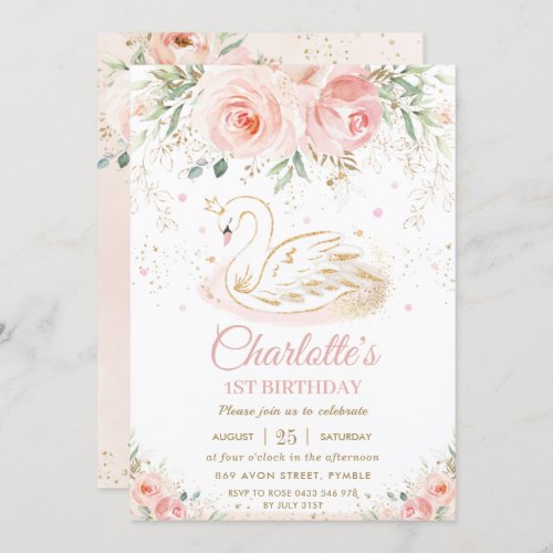 Swan Princess Blush Pink Floral Gold Girl Birthday Invitation