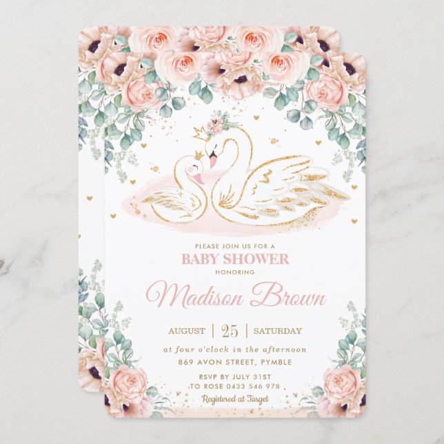 Swan Princess Blush Pink Poppy Floral Baby Shower  Invitation (Front/Back)