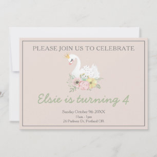 swan princess cute pink girly birthday invitation