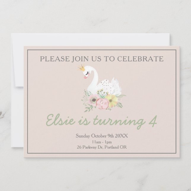 swan princess cute pink girly birthday photo invitation (Front)