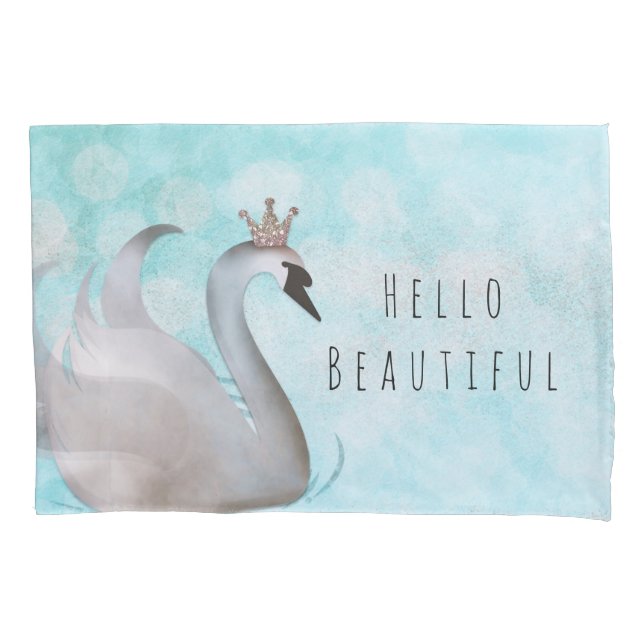 Swan Princess Faux Gold Glitter Chic Fairy Tale Pillowcase (Front)