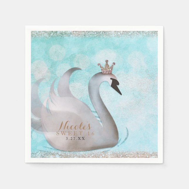 Swan Princess Faux Gold Glitter Fairy Tale Party Paper Napkins (Front)