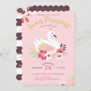 Swan Princess Florals & Greenery Girl Baby Shower Invitation
