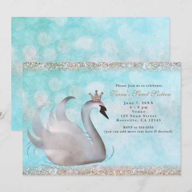 Swan Princess Glitter Birthday Party Invitations (Front/Back)