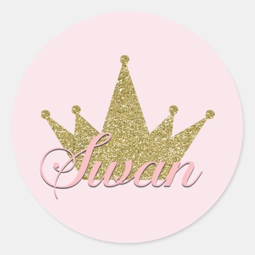 Swan Princess Gold Glitter Crown Birthday Party Classic Round Sticker
