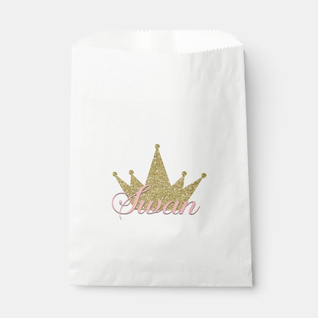Swan Princess Gold Glitter Crown Birthday Party Favor Bag (Front)