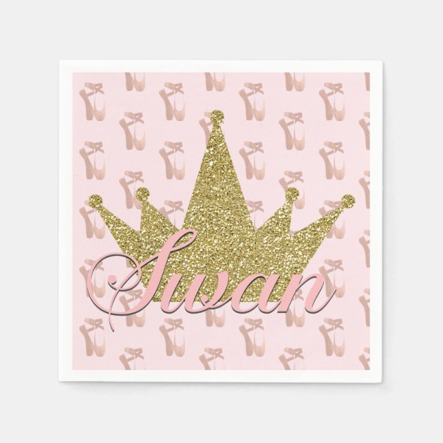 Swan Princess Gold Glitter Crown Birthday Party Paper Napkins (Front)