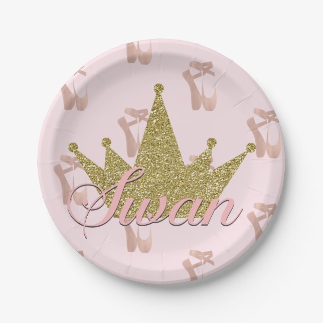 Swan Princess Gold Glitter Crown Glam Paper Plates (Front)