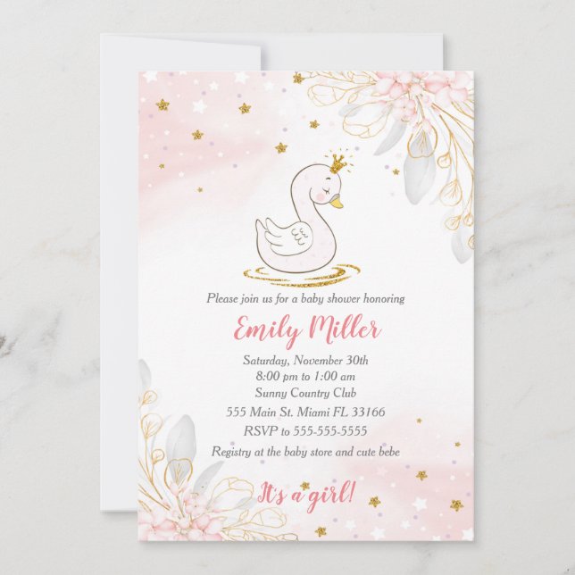Swan princess gold pink baby shower invitation (Front)