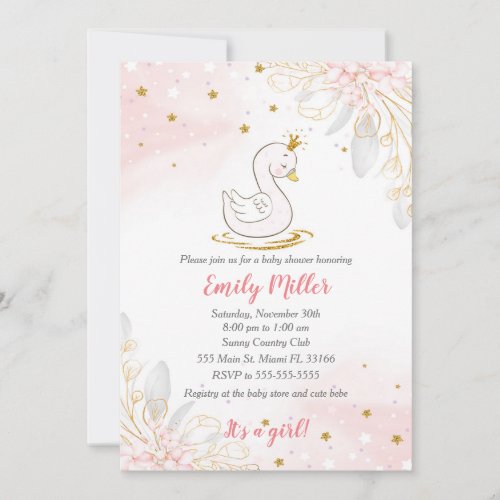 Swan princess gold pink baby shower invitation