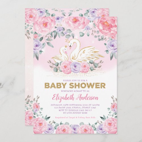 Swan Princess Lavender Pink Peonies Baby Shower Invitation