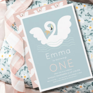 Swan Princess Modern Blue Girl 1st Birthday Invitation