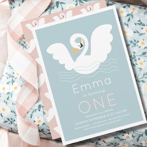 Swan Princess Modern Blue Girl 1st Birthday Invitation