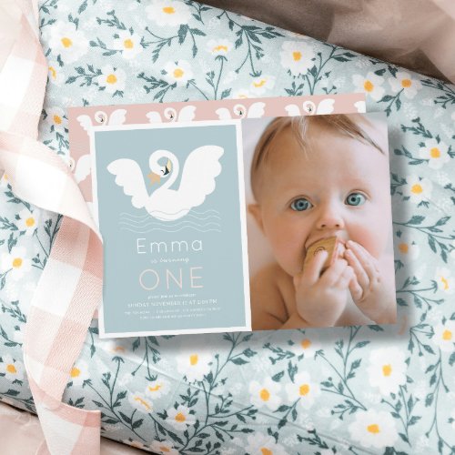 Swan Princess Modern Blue Girl 1st Birthday Photo Invitation