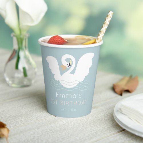 Swan Princess Modern Blue Girl Birthday Paper Cups