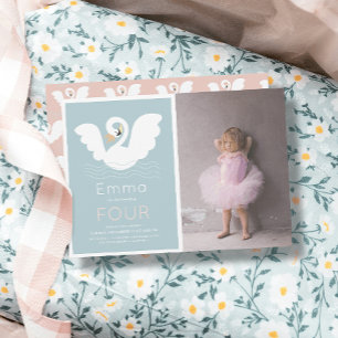 Swan Princess Modern Blue Girl Birthday Photo Invitation