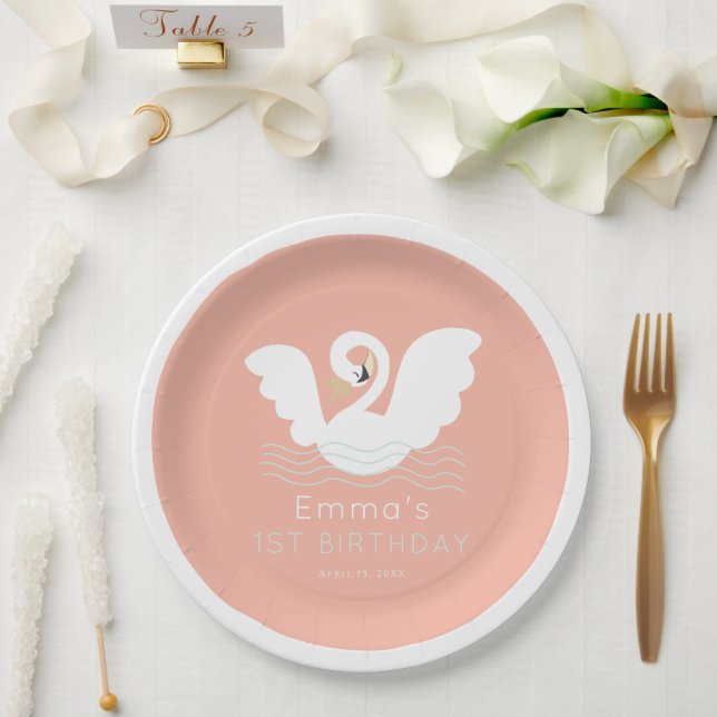 Swan Princess Modern Pink Girl Birthday Paper Plates (Wedding)