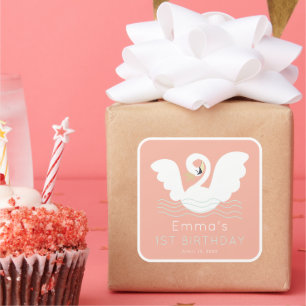 Swan Princess Modern Pink Girl Birthday Square Sticker