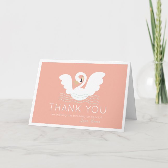 Swan Princess Modern Pink Girl Birthday Thank You Card (Front)