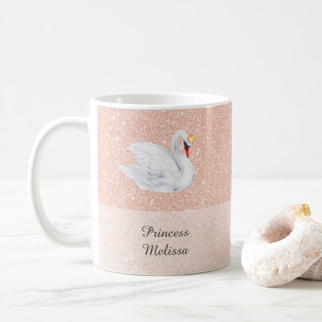 Swan Princess Monogram Rose Gold Glitter Monogram Coffee Mug (With Donut)