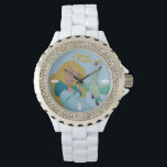 Swan Princess Odette and Swan Watch<br><div class="desc">Elegant white wristwatch featuring the animated character,  Princess Odette - in her human and swan forms - looking at each other,  from the classic film The Swan Princess. White feathers mark hours: 3 o'clock,  6 o'clock,  9 o'clock. This design includes The Swan Princess logo.</div>
