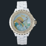 Swan Princess Odette and Swan Watch<br><div class="desc">Elegant white wristwatch featuring the animated character,  Princess Odette - in her human and swan forms - looking at each other,  from the classic film The Swan Princess. White feathers mark hours: 3 o'clock,  6 o'clock,  9 o'clock. This design includes The Swan Princess logo.</div>