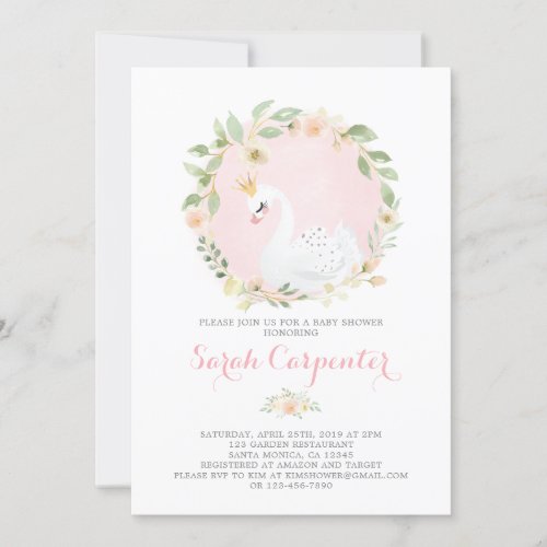 Swan princess pink and gold baby shower girl invitation
