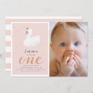 Swan Princess Pink Girl Photo 1st Birthday Invitation