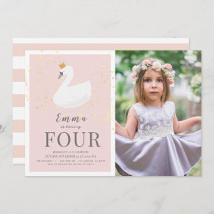 Swan Princess Pink Girl Photo Birthday Invitation
