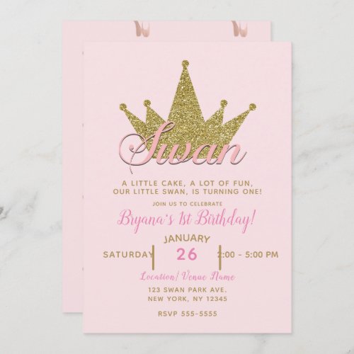 Swan Princess Pink  Gold Glitter Crown Birthday Invitation