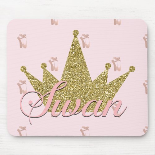 Swan Princess Pink  Gold Glitter Crown Glam Mouse Pad