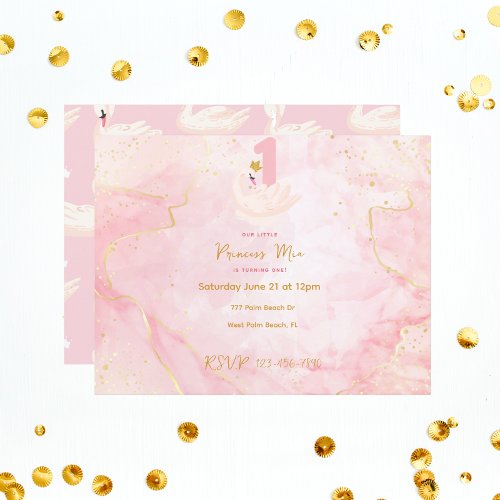 Swan Princess Pink  Gold Watercolor 1st Birthday 