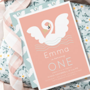 Swan Princess Pink Modern Girl 1st Birthday Invitation