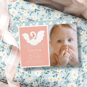 Swan Princess Pink Modern Girl 1st Birthday Photo Invitation