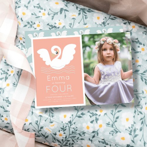 Swan Princess Pink Modern Girl Birthday Photo Invitation