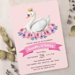 Swan Princess Pink Watercolor Girl 1st Birthday  Invitation