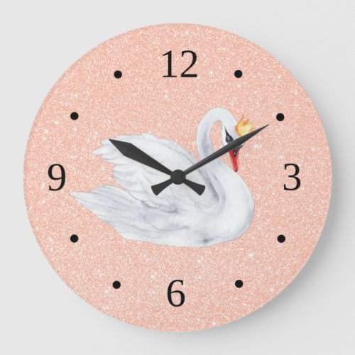 Swan Princess Rose Gold Glitter Large Clock