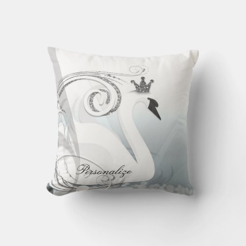 Swan Princess Silver  White Elegant Custom Chic Throw Pillow
