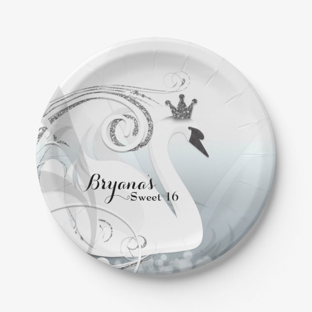 Swan Princess Silver & White Elegant Custom Party Paper Plates (Front)