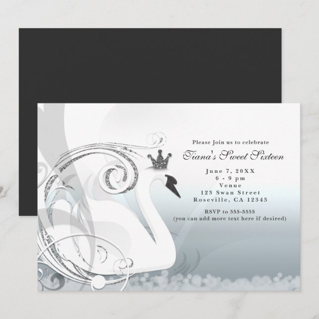 Swan Princess Silver & White Elegant Invitations (Front/Back)