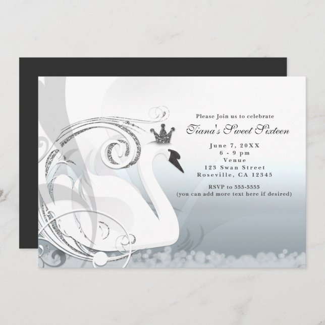 Swan Princess Silver & White Elegant Invitations (Front/Back)