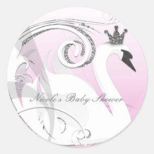 Swan Princess Silver White Pink Baby Shower Favor Classic Round Sticker