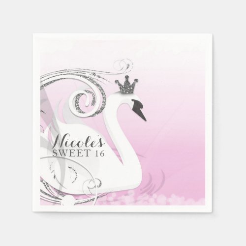 Swan Princess Silver White Pink Baby Shower Favor Napkins