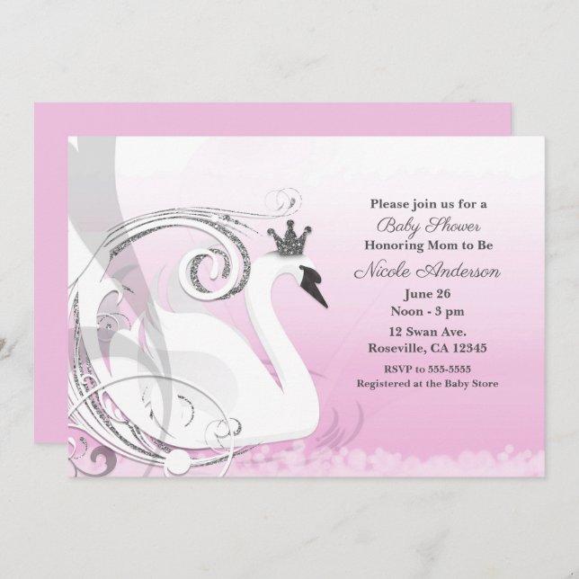 Swan Princess Silver White Pink Baby Shower Invitation (Front/Back)