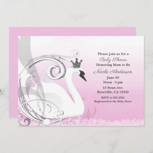 Swan Princess Silver White Pink Baby Shower Invitation